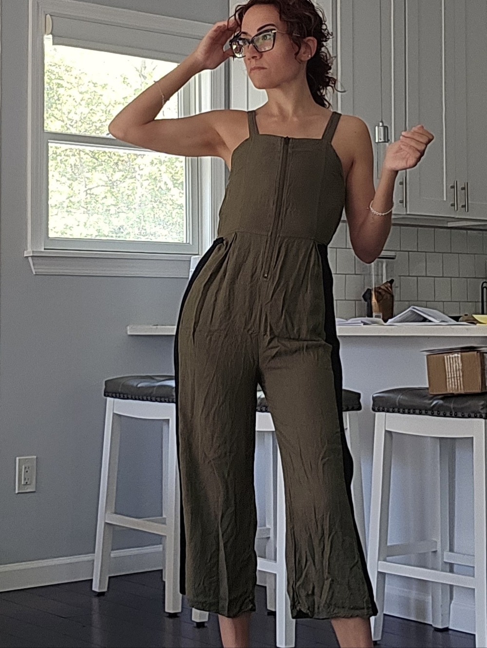 Olive Green Jumper Capris Overalls Romper With Black Side Panels Size XS